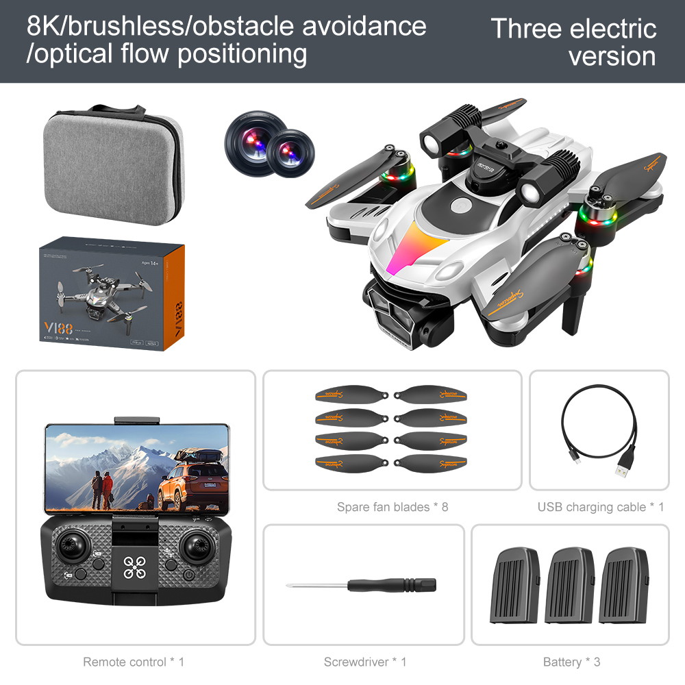 โดรนสีขาวพร้อมแบตเตอรี่สามก้อน