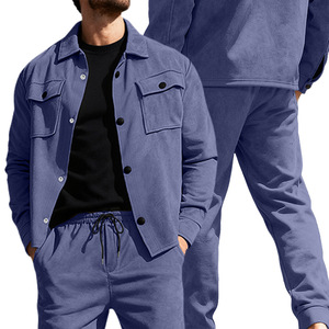 Conjunto de Camisa y Chaqueta de Terciopelo Azul Casual para Hombre, Transpirable, con Bolsillos, Cuello Clásico, Corte Regular, Cierre de un Solo Botón, para Otoño - Product Image 1