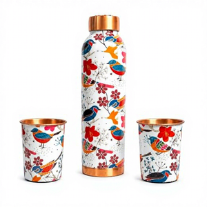 Designer Copper Printed <b>Water</b> <b>Bottle</b> with 2 Matching Copper <b>Glasses</b> Set Traditional Indian Sticker Pattern Printed <b>Bottle</b> Set - Product Image 1