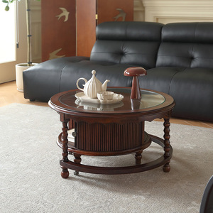 Vintage Round <b>Solid</b> <b>Wood</b> Coffee <b>Table</b> Set With Glass <b>Top</b> Storage For Living Room Retro French Style - Product Image 2