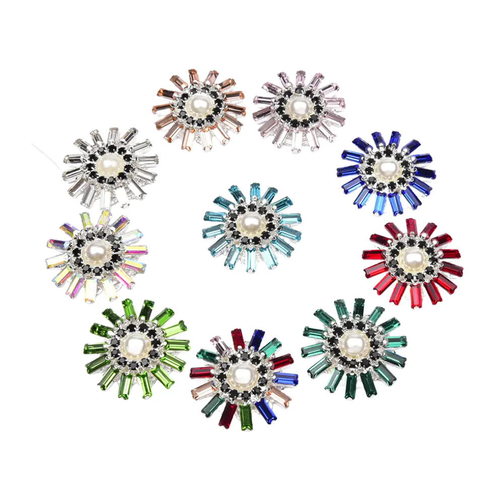 3Cm Rectangle Round Crystal Glass Beads Buttons Flatback Rhinestone Flower Brooch Diy Crafts Garment Apparel Decoration