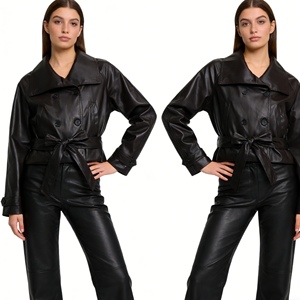 Cappotto <span class=keywords><strong>Trench</strong></span> Corto <span class=keywords><strong>in</strong></span> Ecopelle PU da Donna - Giacca Doppiopetto con Cintura Sehe Fashion - Product Image 4