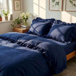 Set di Biancheria da Letto in Cotone <span class=keywords><strong>Blu</strong></span> con Volant, <span class=keywords><strong>Copripiumino</strong></span> in Stile Vintage con 2 Federe, Regalo per Coppie - Product Image 1