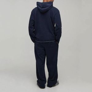 Navy Raw Hem Hoodie Sweatpants No Logo Custom Men Two Piece <b>Tracksuit</b> - Product Image 2