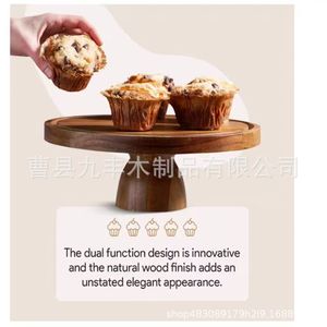 Plateau de présentation de gâteau en bois d'acacia avec couvercle, style simple rond, plateau de service pour dessert d'anniversaire, vaisselle de fête réutilisable - Product Image 2