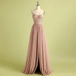 Modern Sexy Split Front Spaghetti Straps Sequin Beaded Maxi Dress Sleeveless Pink Prom Dresses For Women