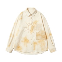Chemise vintage délavée avec impression DTG Kornit, effet spray vieilli, streetwear, patchwork délavé soleil, motif soleil, boutonnée