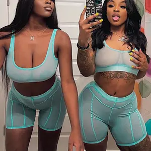 Cool Mesh See Through Crop Top Mini Shorts 2 piece Matching Set Sexy Streetwear 2022 Summer Combination Beachwear Party