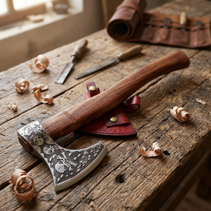 Hache Viking en acier au carbone, faite à la main, avec manche en bois de rose barbu et motif crâne, pour couper le bois - Product Image 3