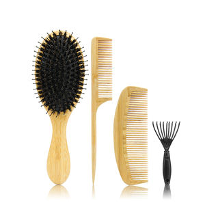 Eco amigable 4 piezas de <span class=keywords><strong>bambú</strong></span> Natural húmedo seco cepillo de masaje del cuero cabelludo peine cojín de cerdas de jabalí de Nylon desenredar el pelo de cepillo - Product Image 1