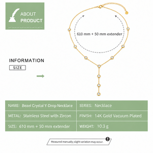 Collier long en cristal en forme de Y, en acier inoxydable, zircon, plaqué or 14 carats, couleur or et argent, bijoux - Product Image 4