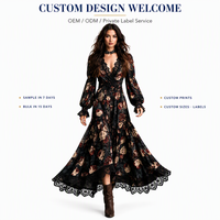 Robe longue d'automne personnalisée OEM ODM pour femme, col en V, manches bouffantes, taille haute, imprimé dentelle rose, volants, silhouette trapèze, pour la vente en gros