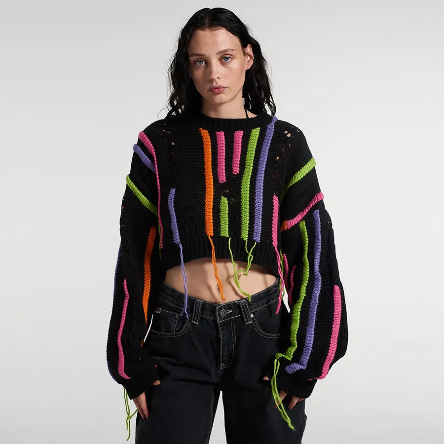 Kliou W22L20706 Full Sleeve Women Winter Loose Colorful Striped Panelled Crop Tops Knitted Tassel Patchwork Women's Sweater