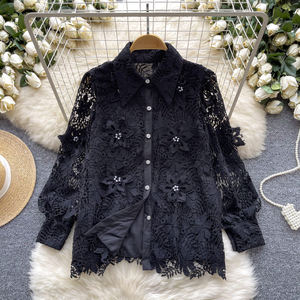 फीता ब्लूज़ महिलाओं गर्मियों की शैली तीन आयामी फूल सिंगल ब्रीस्टेड लंबे आस्तीन ब्लाउज - Product Image 5