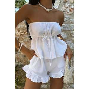 Ensemble short 2 pièces en lin blanc 100% pour femme, tissu gaufré, haut rayé, short de sport, coupe ample, longueur genou, sportif pour la maison - Product Image 5