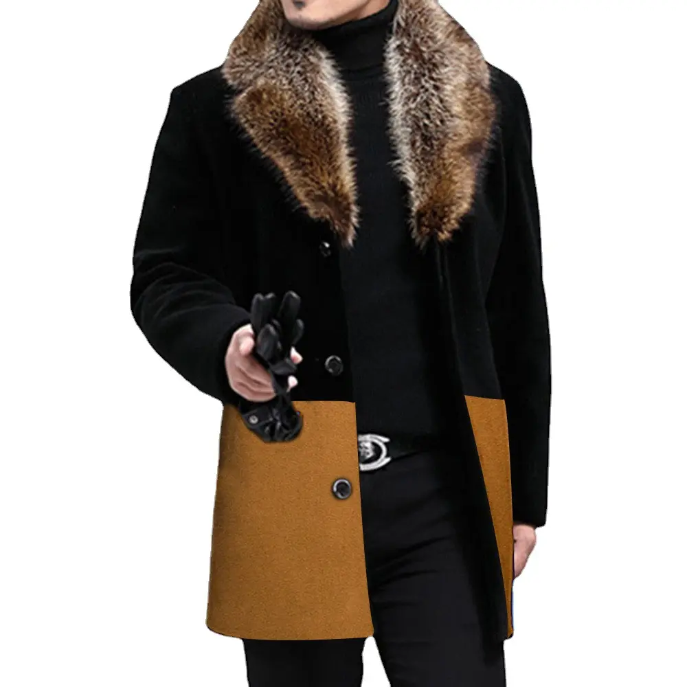2021 Autumn and winter new trendy men woolen coat jacket mid-length large fur collar casual warm coat business men clothing