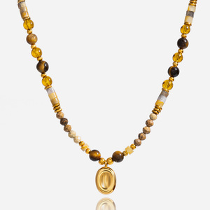 Tiger's Eye Natural Stone <b>Beaded</b> <b>Necklace</b> With Gold Pendant For Fashion Jewelry - Product Image 1