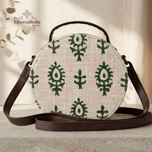 <b>Green</b> Block Print Round Sling Bag Wholesale Handmade Cotton Circle Crossbody <b>Purse</b> Ethnic Floral Handbag Export India - Product Image 6