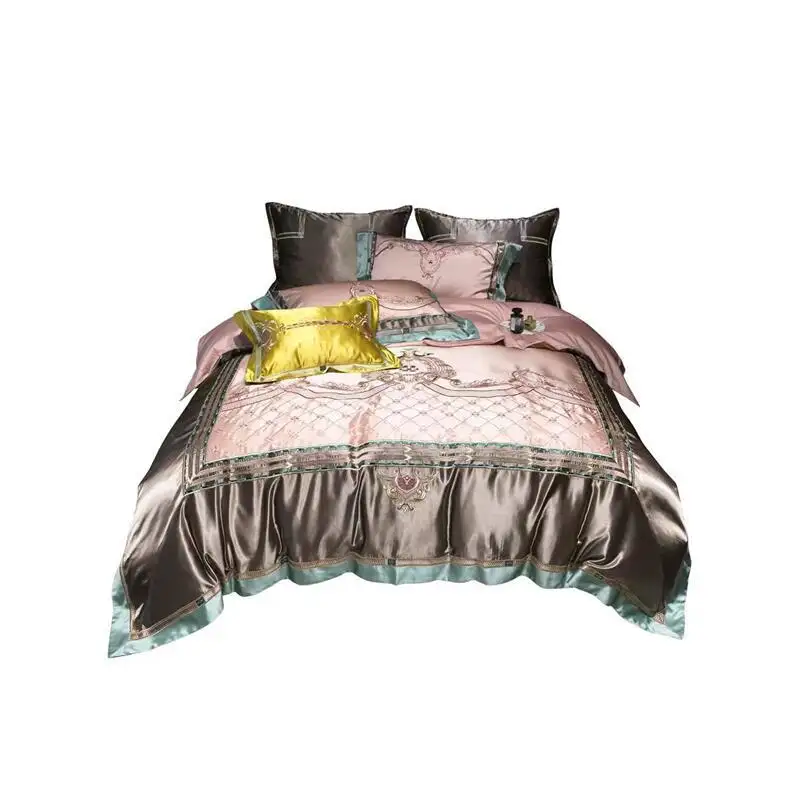 Edredón de algodón de seda de gama alta bordado funda de edredón Rosa juegos de cama de 4 piezas
