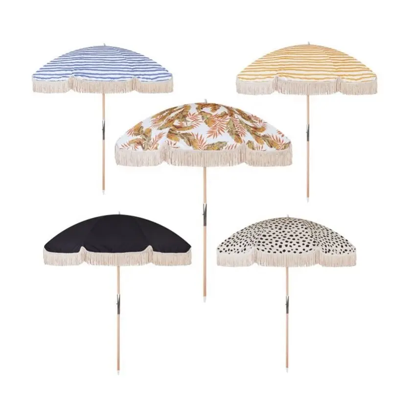 Customized supplier cheap wooden white garden outdoor beach umbrella with tassels