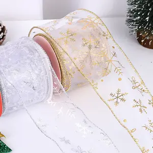 批发节日派对定制标志印刷圣诞有线礼品丝带欧根纱丝带卷