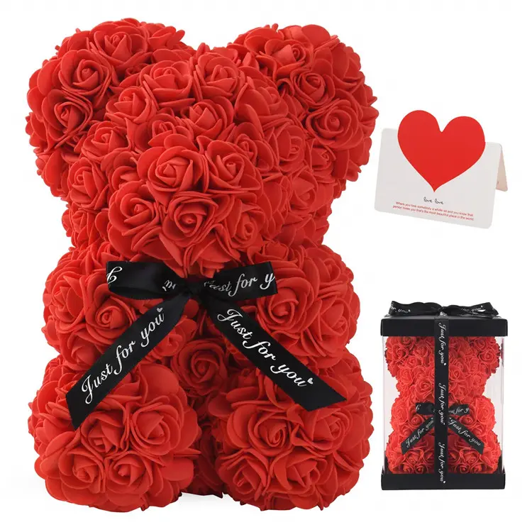 Dropshipping Eternal Rose Bear Gift Box Roses Artificial Flowers With Transparent Box Gift For Valentine's Day Anniversary