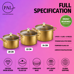 Ensemble de casseroles en acier inoxydable de qualité supérieure, 6 pièces, 20-24 cm, respectueux de l'environnement, compatible gaz et induction, bouton en cristal diamant, ustensiles de cuisine à poignée en D - Product Image 2