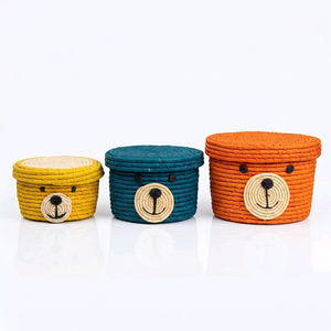 Cestas de Almacenamiento Hechas a Mano de Rafia con Tapa, Naranja, Azul, Amarillo, Decoración para el Hogar Infantil - Product Image 1