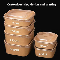 Bol carré en papier kraft personnalisé bol à salade à emporter bol en papier déjeuner avec couvercle en papier plastique PP PET