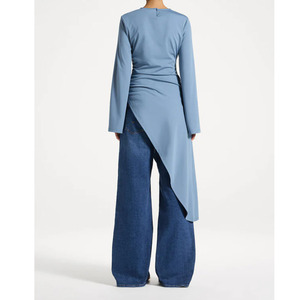Atasan Tunik Muslim Wanita Model X-Long Elegan Lengan Kerut Kerah O A-Line Slim Fit Rajut Musim Panas Pinggang Asimetris Bahan Jersey - Product Image 2