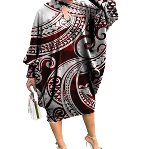 Abbigliamento personalizzato donna oversize samoa elegante donna abito caftano polinesiano tapa tribal print button abito casual allentato
