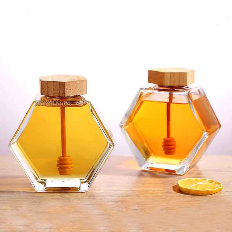 In bulk empty hexagon bee shaped honey jar with dipper wood lid packaging box 100ml 200ml 500g