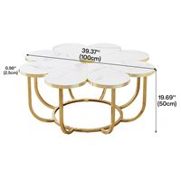 Table basse moderne en faux marbre de 39,37 pouces avec accent floral, structure en acier inoxydable, plateau en verre blanc doré en forme de fleur