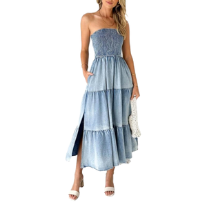 Robe longue en jean sans bretelles avec ourlet superposé à volants et fente latérale, taille élastique, coupe trapèze, décontractée pour l'été - Product Image 1