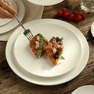 White Embossed Round <b>Ceramic</b> Dinner <b>Plate</b> Microwave Safe Dishwasher Safe for Steak Salad Dessert <b>Plate</b> - Product Image 1