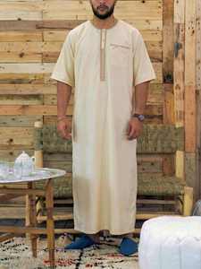 <b>Men's</b> Cream Cotton <b>Thobe</b> Short Sleeve Embroidered Round Neck Ankle Length Casual Daily Wear Middle East Style - Product Image 1