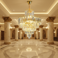 Lustre suspendu moderne en cristal LED rond doré avec cadre en fer multicouche pour la décoration de la maison, salon et salle à manger