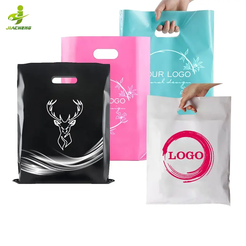 Sacolas de plástico para compras com logotipo personalizado, alça preta e dobrável para transporte de compras em lojas de varejo