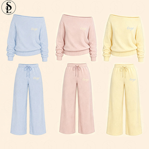 Zweiteiliges Set für Damen, schulterfrei, langärmelig, lockerer Pullover, Kordelzug, elastische Taille, weite Hose, weiche Y2K-Loungewear - Product Image 1