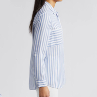 Chemise rayée décontractée rose à manches longues et poches contrastantes boutonnée pour femme
