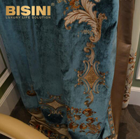 Magnifique rideau occultant de style rococo italien, bleu floqué, pour fenêtre française, décoré de broderies, rideau à tringle romaine