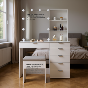 Set Toeletta Bianco FCH con Armadietto a Specchio, 6 Cassetti, 2 Ripiani, Specchio Illuminato, Design Moderno, Arredamento Camera da Letto - Product Image 2