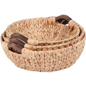 Set of 3 Wholesale woven water hyacinth serving fruits food grade round basket wood handle baskets