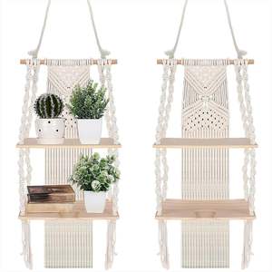 Lot de 2 étagères murales en macramé, style bohème à double couche, support flottant en bois pour plantes, décoration intérieure - Product Image 1