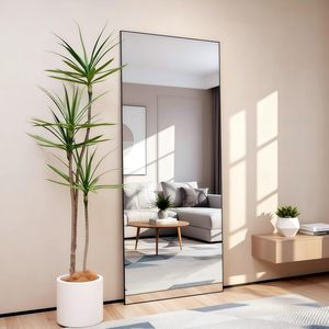 Full Length <b>Mirror</b> 56x21 Black <b>Rectangle</b> Floor <b>Mirror</b> With Stand Aluminum Alloy Frame Tempered Glass Minimalist Design - Product Image 1