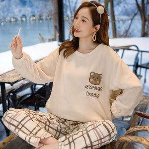 Conjunto de <span class=keywords><strong>Pijama</strong></span> Informal de 2 Piezas de Franela con Dibujos Animados ODM, Camiseta de Manga Larga y Pantalones, Ropa de Dormir de Invierno para <span class=keywords><strong>Mujer</strong></span>, Forro <span class=keywords><strong>Polar</strong></span> Cálido - Product Image 3