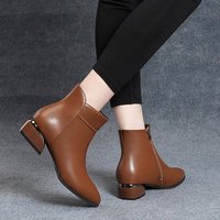 Sepatu bot pendek hak tebal untuk wanita, sepatu bot semata kaki ritsleting samping dengan bantalan lateks kulit sapi asli musim gugur dan musim dingin 2026