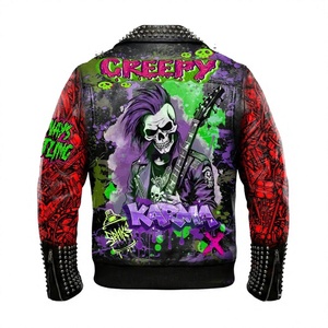 Chaqueta de Motociclista de Cuero Estilo Punk para Hombre con Estampado de Grafiti, Decoración de Remaches, Cierre de Cremallera, Cuello Camisero, para Otoño - Product Image 2