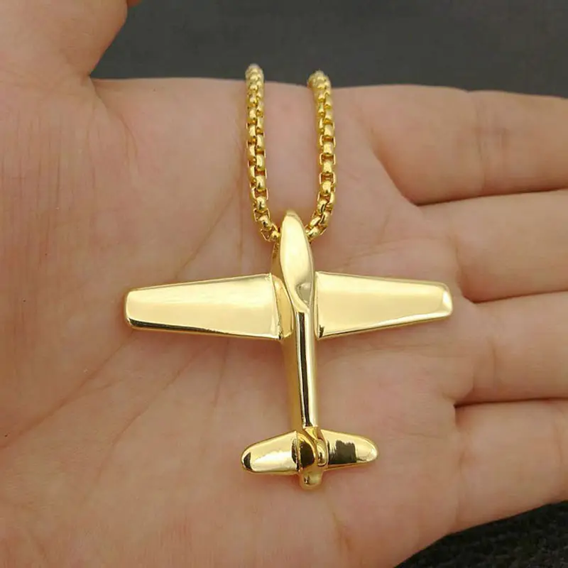 Colgante de avión de Hip hop, collar de avión de diamantes de acero inoxidable chapado en oro, alto pulido, venta al por mayor