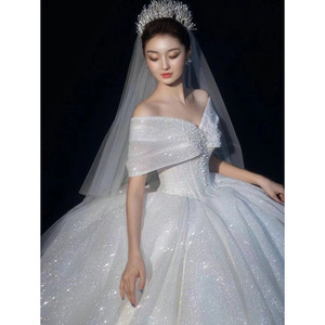 Off The Shoulder Ball Gown Wedding Dress Empire Waist Sweetheart Neckline Tulle Vintage Style Floor Length Long Train - Product Image 3